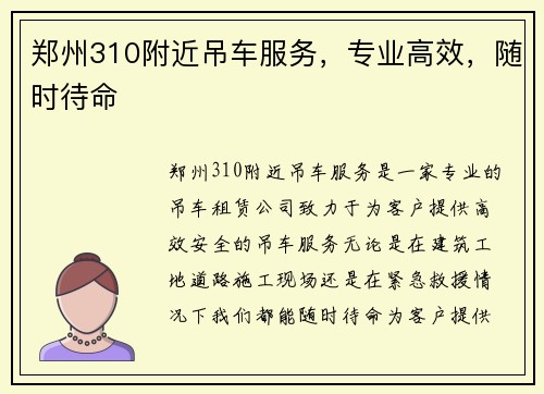 郑州310附近吊车服务，专业高效，随时待命